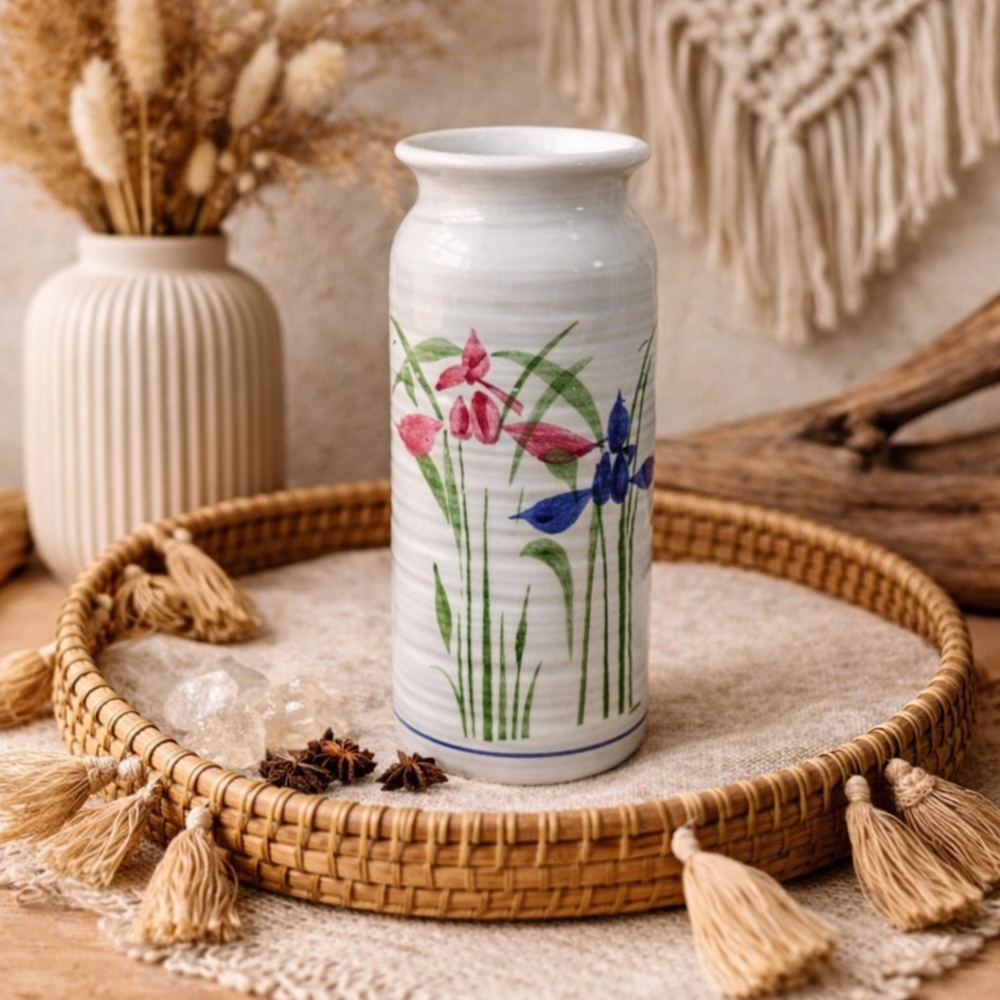 Studio Pottery Vase‎ Iris Flowers Blue Pink